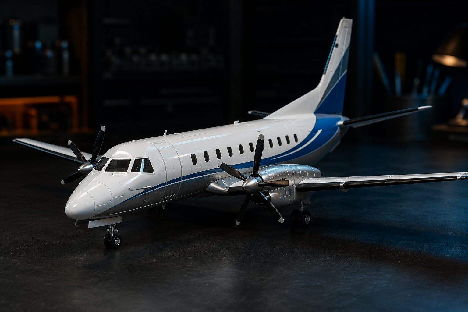 Original product concept render of a handmade Saab 340 B scale model